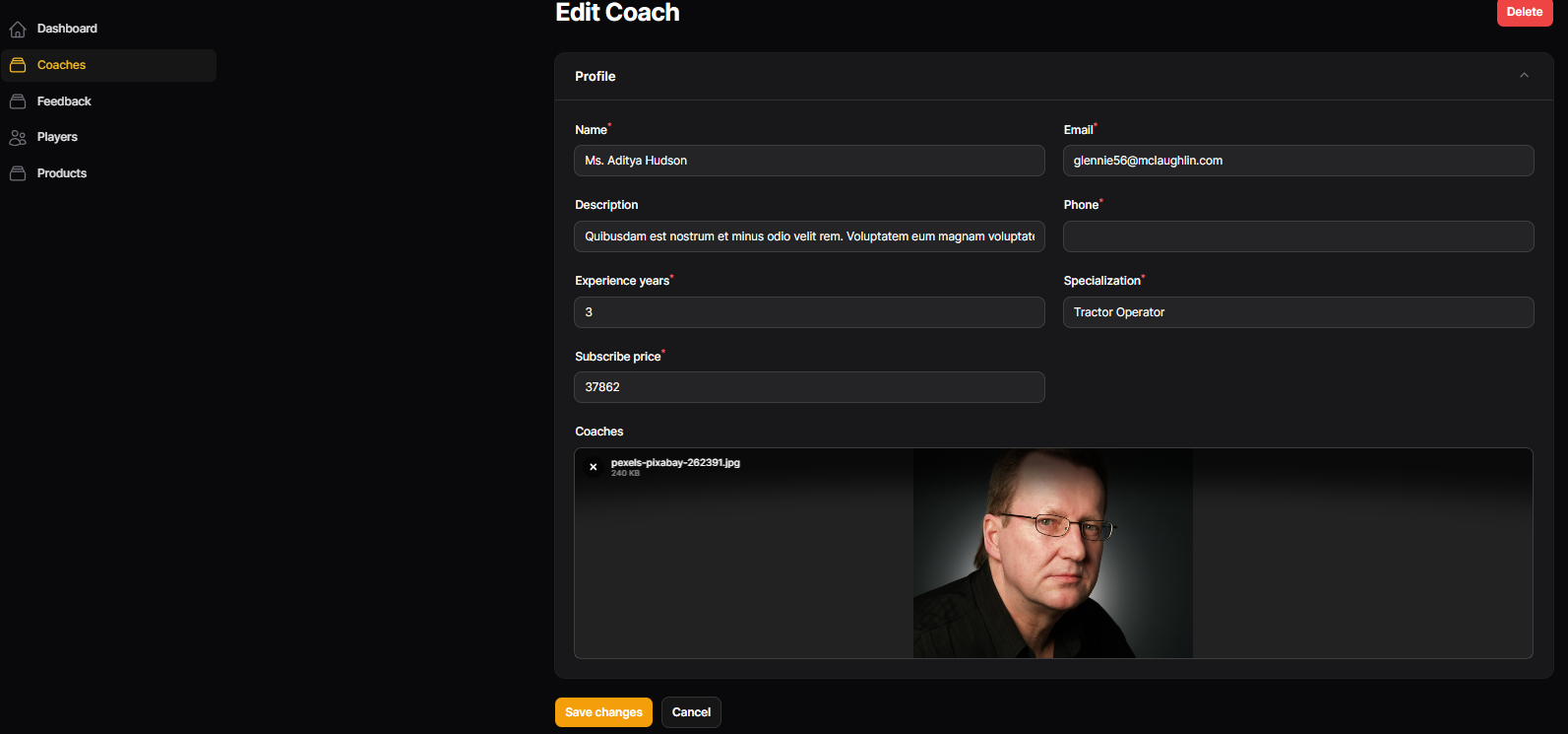 Sports club management dashboard screenshot
